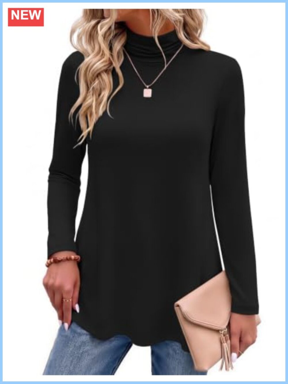 Women's Long Sleeve Turtleneck Tunic Top Stretch Pullover Work